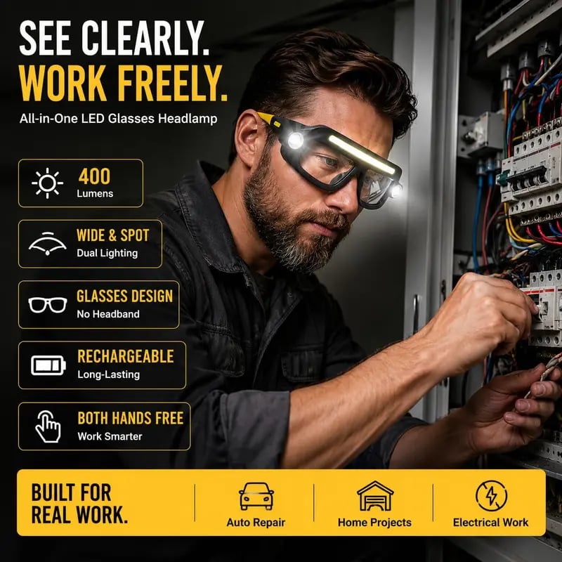 🔦JOYTUTUS Rechargeable LED Headlamp Glasses - Hand-Wave Sense, Type-C USB Charging, 5-Mode COB Lights, Dual Side Spotlights, IPX4 Waterresist