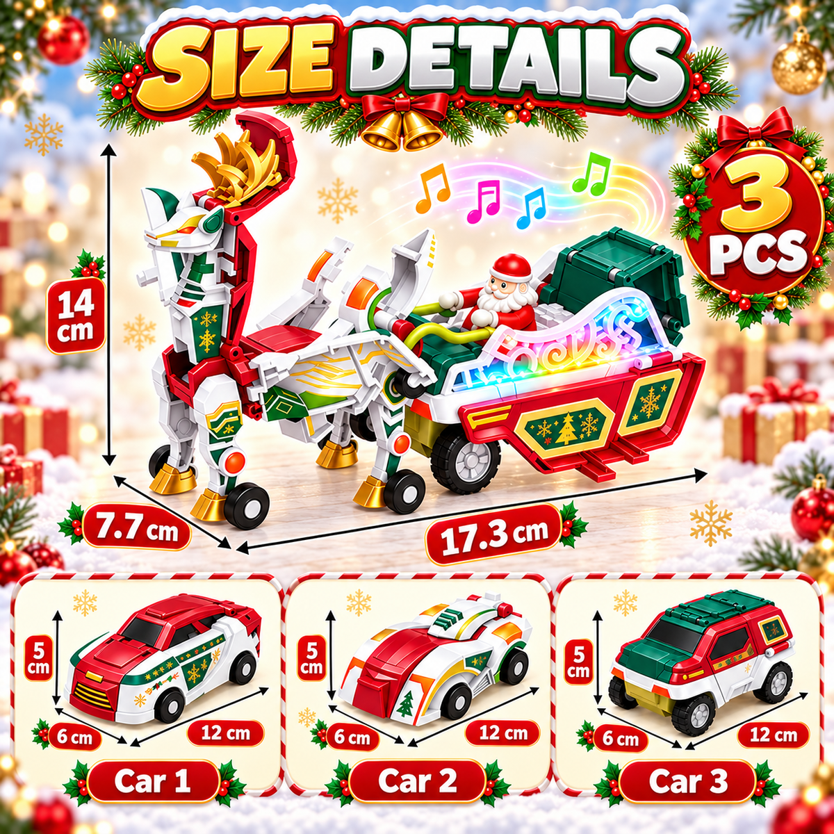 🔥Last day 50% OFF-3-in-1 Magnetic Christmas Transforming Car Toy Set with Santa Sleigh, Lights & Music