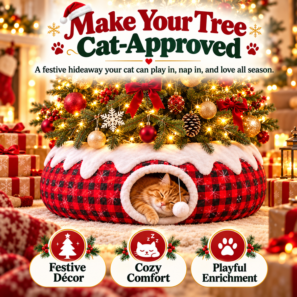 3-in-1 Christmas Tree Cat Tunnel Bed – Convertible S-Tunnel & Buffalo Plaid Tree Skirt