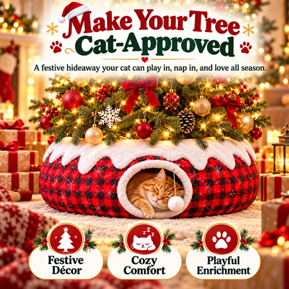 3-in-1 Christmas Tree Cat Tunnel Bed – Convertible S-Tunnel & Buffalo Plaid Tree Skirt