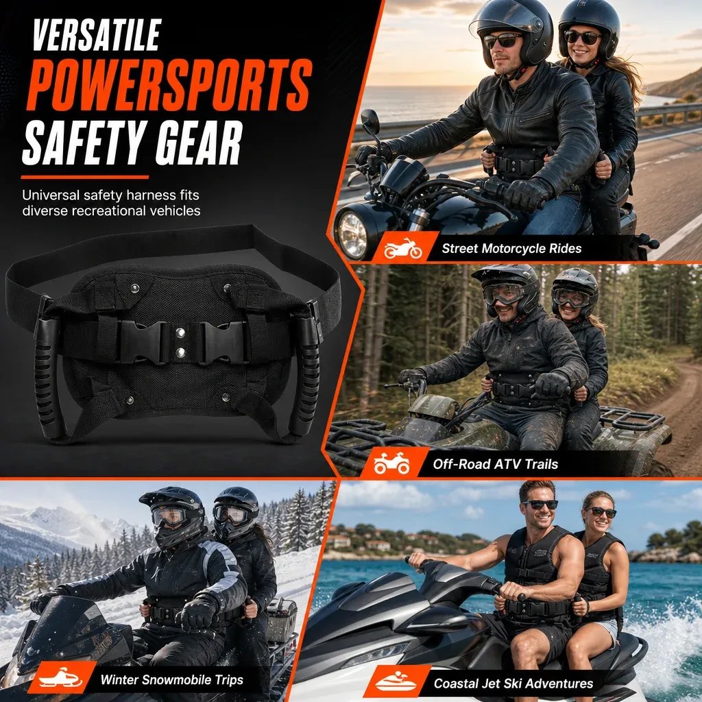 Motorcycle passenger belt pictured with motorcycle touring, ATV riding, snowmobile and recreational watercraft scenes