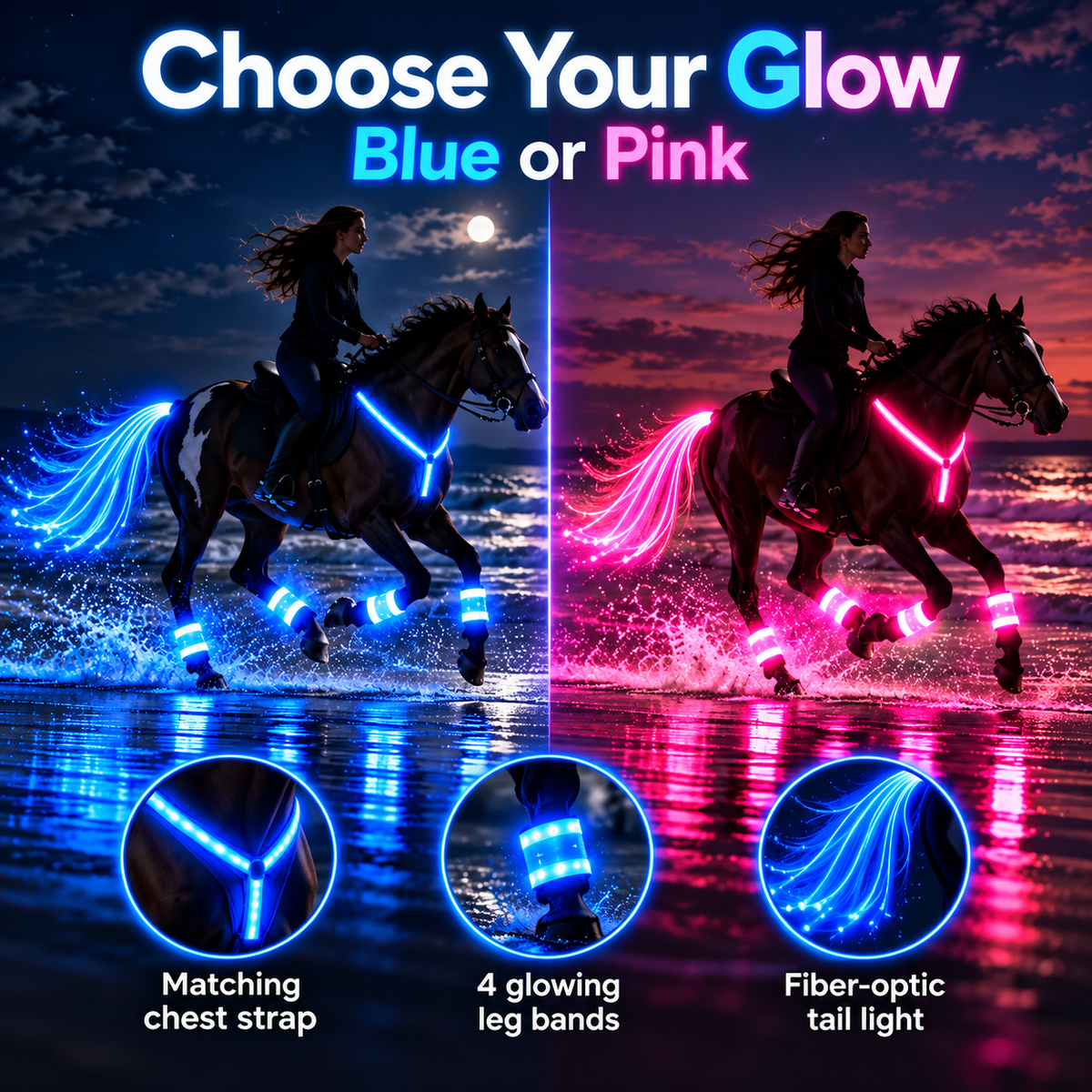 🔥Last Day 50% OFF-LED Horse Riding Light Set – Illuminated Chest Strap, Leg Bands & Flowing Tail Lights