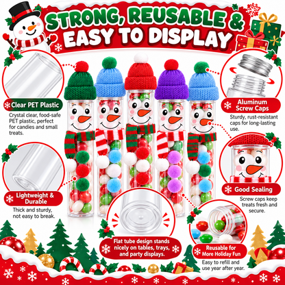 16-Pack DIY Snowman Candy Tubes – Christmas Treat Containers with Mini Hats, Scarves & Craft Decorations