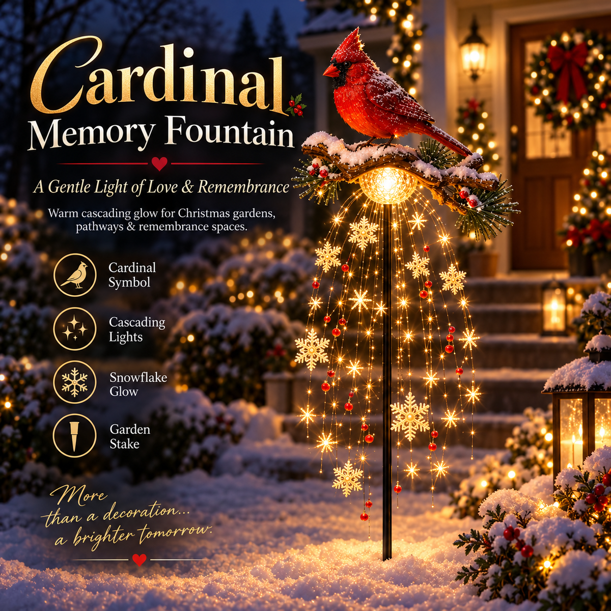 Hot sales🔥Cardinal Memory Fountain Light – Lighted Christmas Remembrance Garden Stake with Cascading Snowflakes