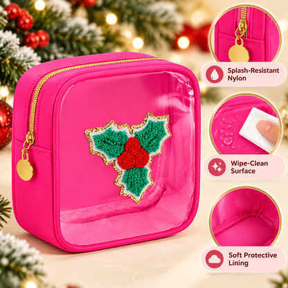 12-Pack Christmas Mini Makeup Bags with Clear PVC Window & Festive Chenille Patches – Holiday Gift Pouches for Teachers, Coworkers & Friends