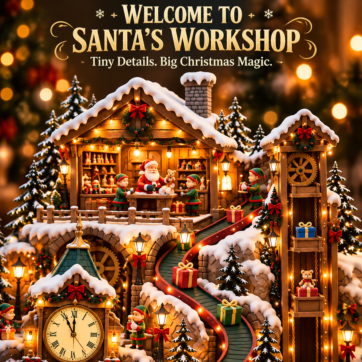 Animated Christmas Toy Factory Village with Moving Clock & Gift Conveyor, USB-C Rechargeable Lighted Holiday Centerpiece