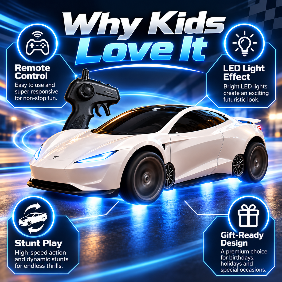 RC Roadster Stunt Car – Remote Control Sports Car with Blue LED Lights, Racing & Stunt Play for Kids