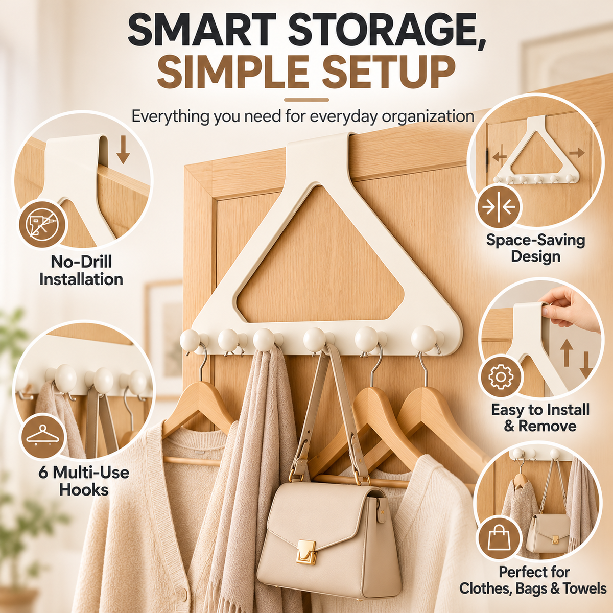 Over-the-Door Triangle Hook Rack – No-Drill 6-Hook Organizer for Clothes, Towels & Bags