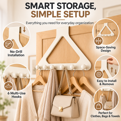 Over-the-Door Triangle Hook Rack – No-Drill 6-Hook Organizer for Clothes, Towels & Bags