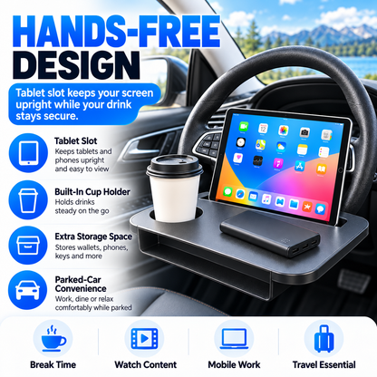 2-in-1 Car Steering Wheel Desk & Seat Gap Organizer – Reversible Laptop Tray and Meal Holder