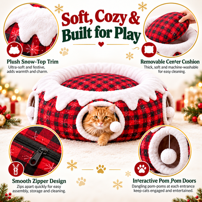 3-in-1 Christmas Tree Cat Tunnel Bed – Convertible S-Tunnel & Buffalo Plaid Tree Skirt