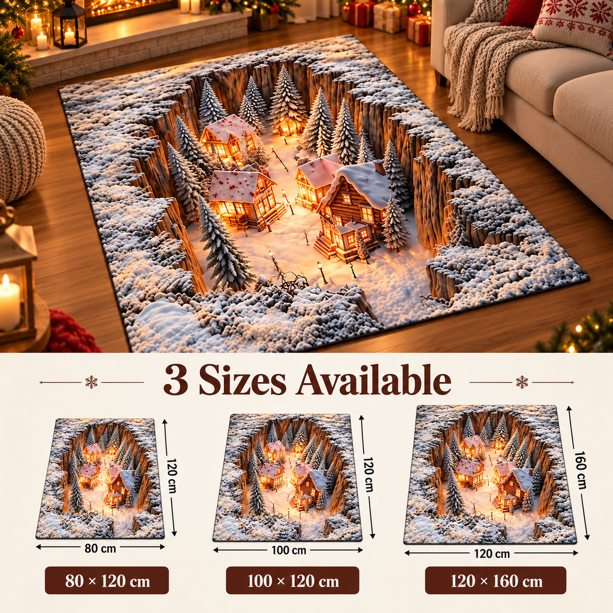 3D Winter Village Christmas Rug – Snowy Canyon Village Illusion Area Rug for Cozy Holiday Home Decor