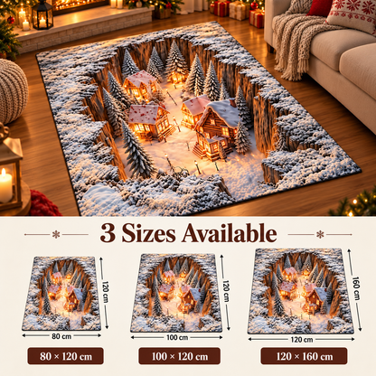3D Winter Village Christmas Rug – Snowy Canyon Village Illusion Area Rug for Cozy Holiday Home Decor
