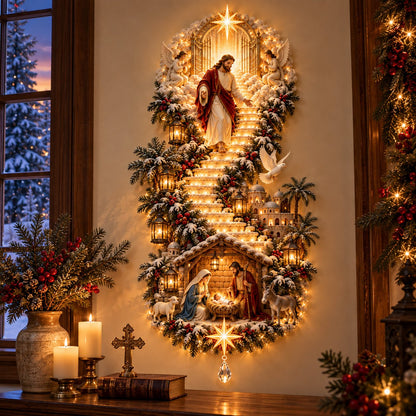 ✝️✨Jesus Light of Heaven Christmas Wall Hanging – Illuminated Nativity Scene Stairway & Holiday Wall Decor