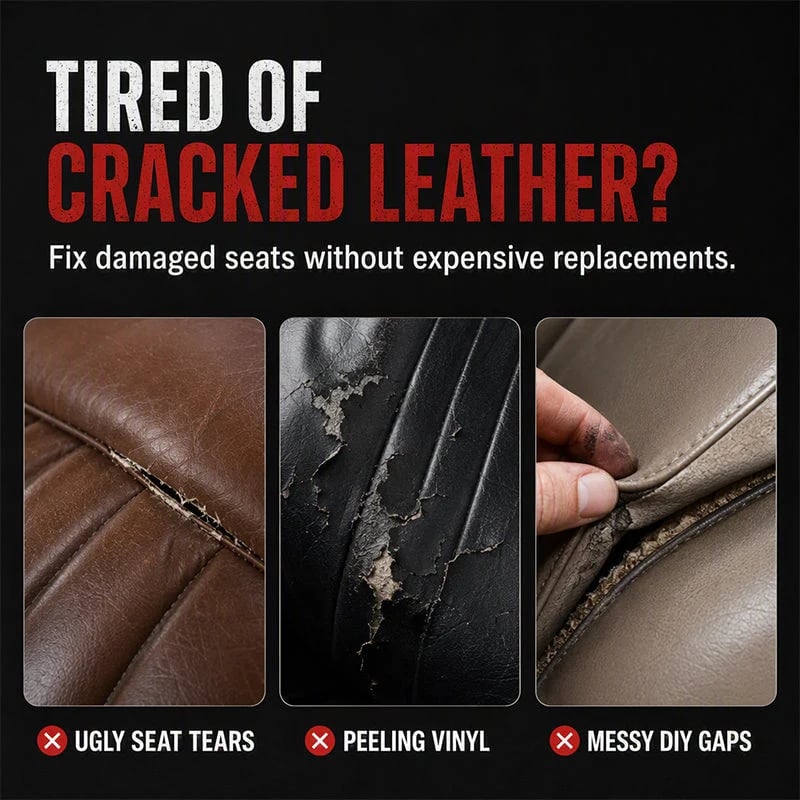 Examples of damaged car upholstery including torn leather seams, peeling vinyl and separated seat edges