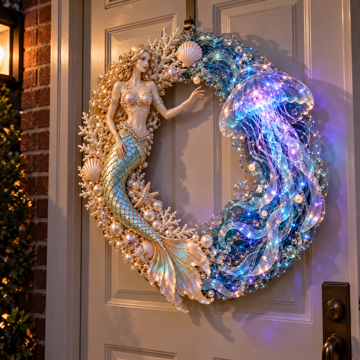 🔥Last Day 50% OFF-🧜‍♀️🌊 Mermaid Moonlight Wreath | Glowing Jellyfish & Ocean Decor ✨