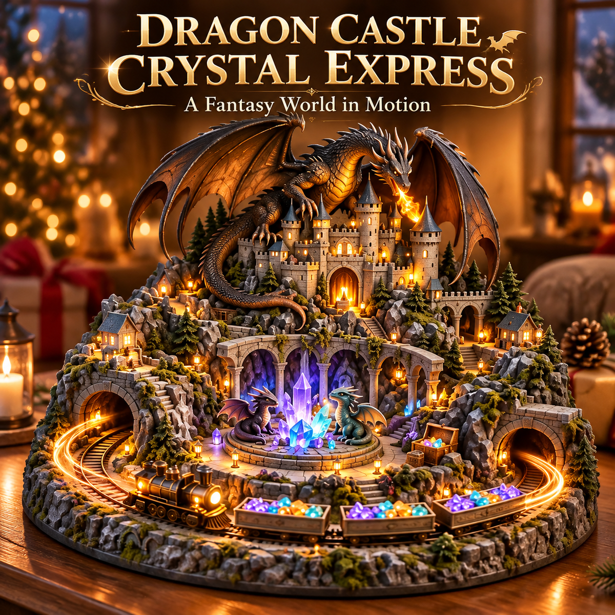 Animated Dragon Castle Crystal Train Village – USB-C Rechargeable Lighted Fantasy Tabletop Decor with Rotating Moving Train