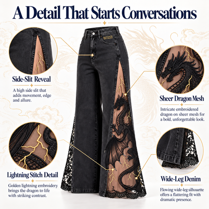 Dragon Mesh-Panel Wide-Leg Jeans – High-Waisted Fantasy Denim
