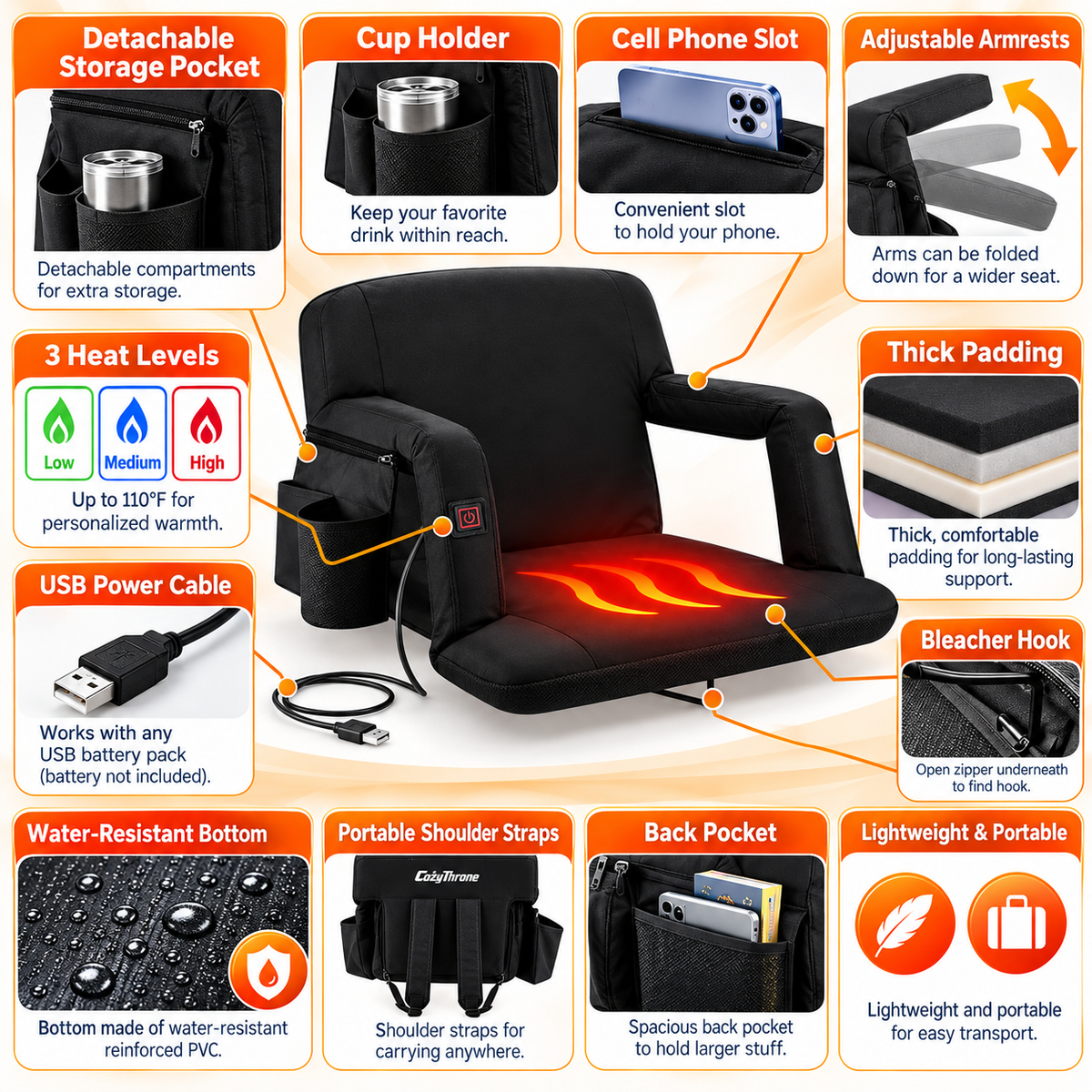 USB Heated Massage Stadium Seat – Portable Reclining Bleacher Chair with 3 Heat Levels, Foldable Armrests & Cup Holder