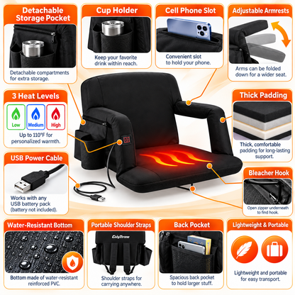 USB Heated Massage Stadium Seat – Portable Reclining Bleacher Chair with 3 Heat Levels, Foldable Armrests & Cup Holder