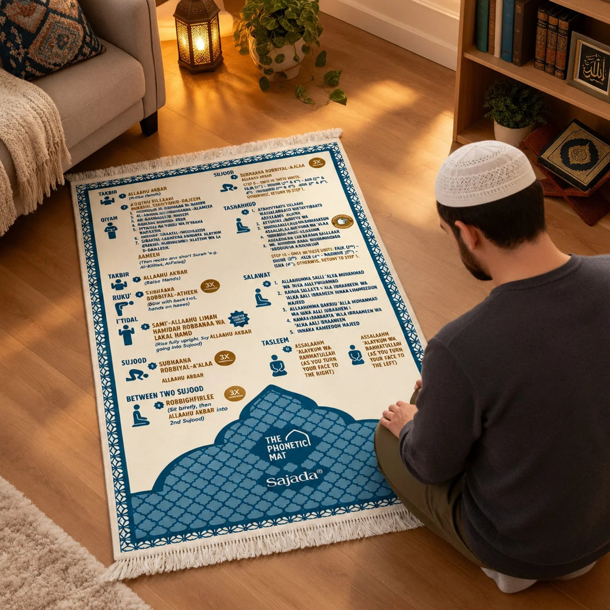 Person learning Salah using the printed phonetic prayer mat in a peaceful home setting