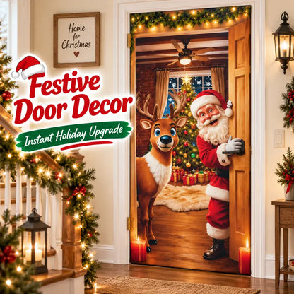 Stretch Christmas Door Cover – Santa & Reindeer Slip-On Door Decoration with 4-Side Elastic Edge