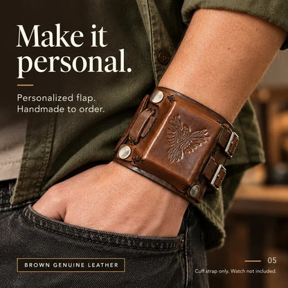 Leather Cuff Watch Strap with Personalized Flap, Brown Wide Handmade Watch Band for Apple