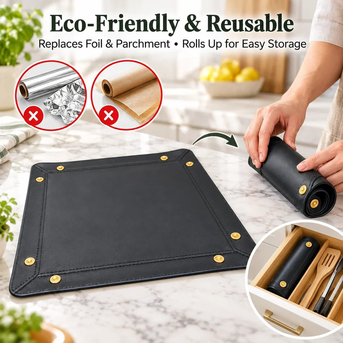 Reusable black silicone baking mat showing flat shape, rolled storage and comparison to disposable foil and parchment