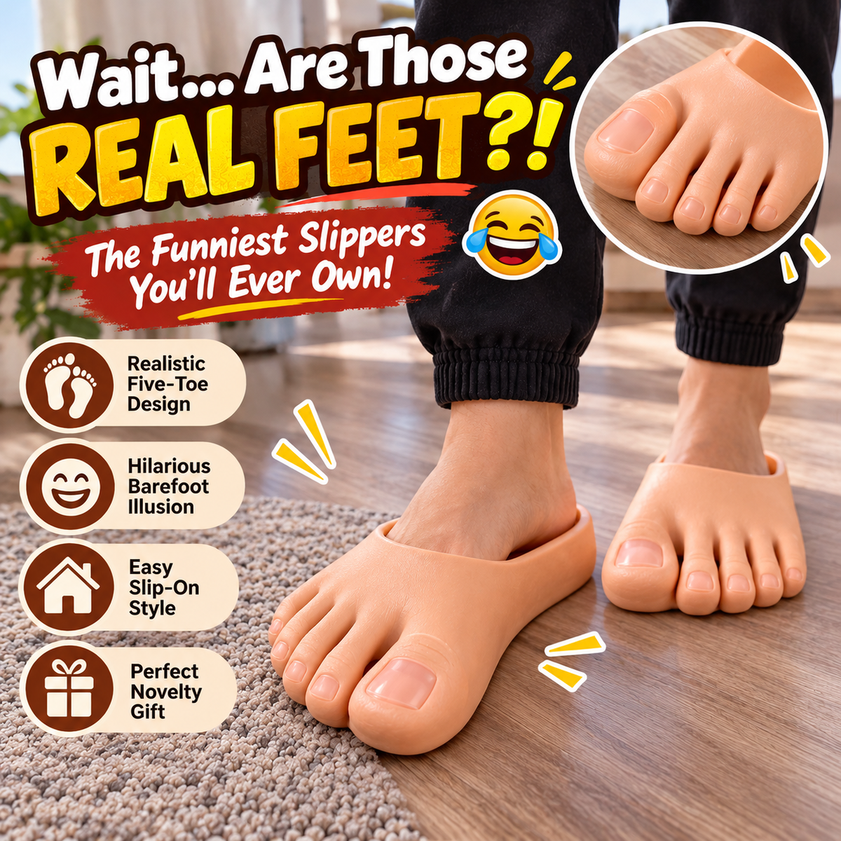 🔥Last Day 50% OFF-😂 Realistic Barefoot Slippers – Funny Giant Toe Slides, Hilarious Prank Gift 👣