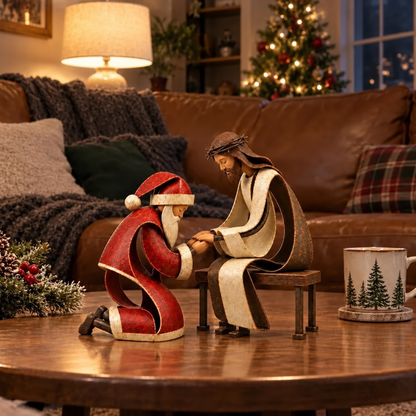 Santa Claus Kneeling Before Jesus Christ Christmas Religious Figurine
