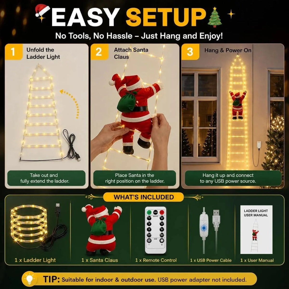 🎅✨ Climbing Santa LED Ladder Lights – USB Christmas Window & Wall Decoration with Remote🎄