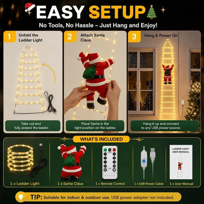 🎅✨ Climbing Santa LED Ladder Lights – USB Christmas Window & Wall Decoration with Remote🎄