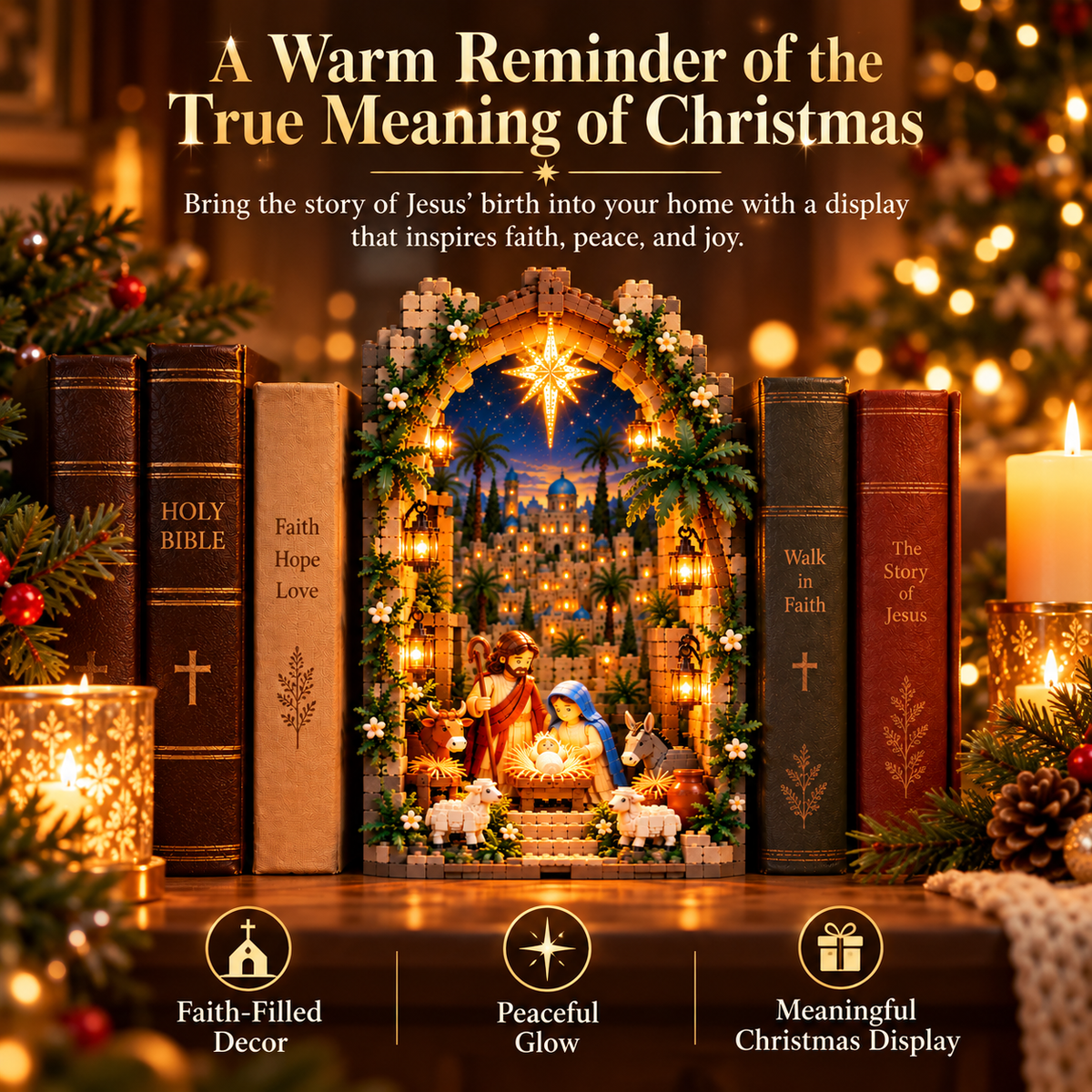 📖✨✝️ Lighted Bethlehem Nativity Book Nook – Christmas Building Block Display of Faith 🎄