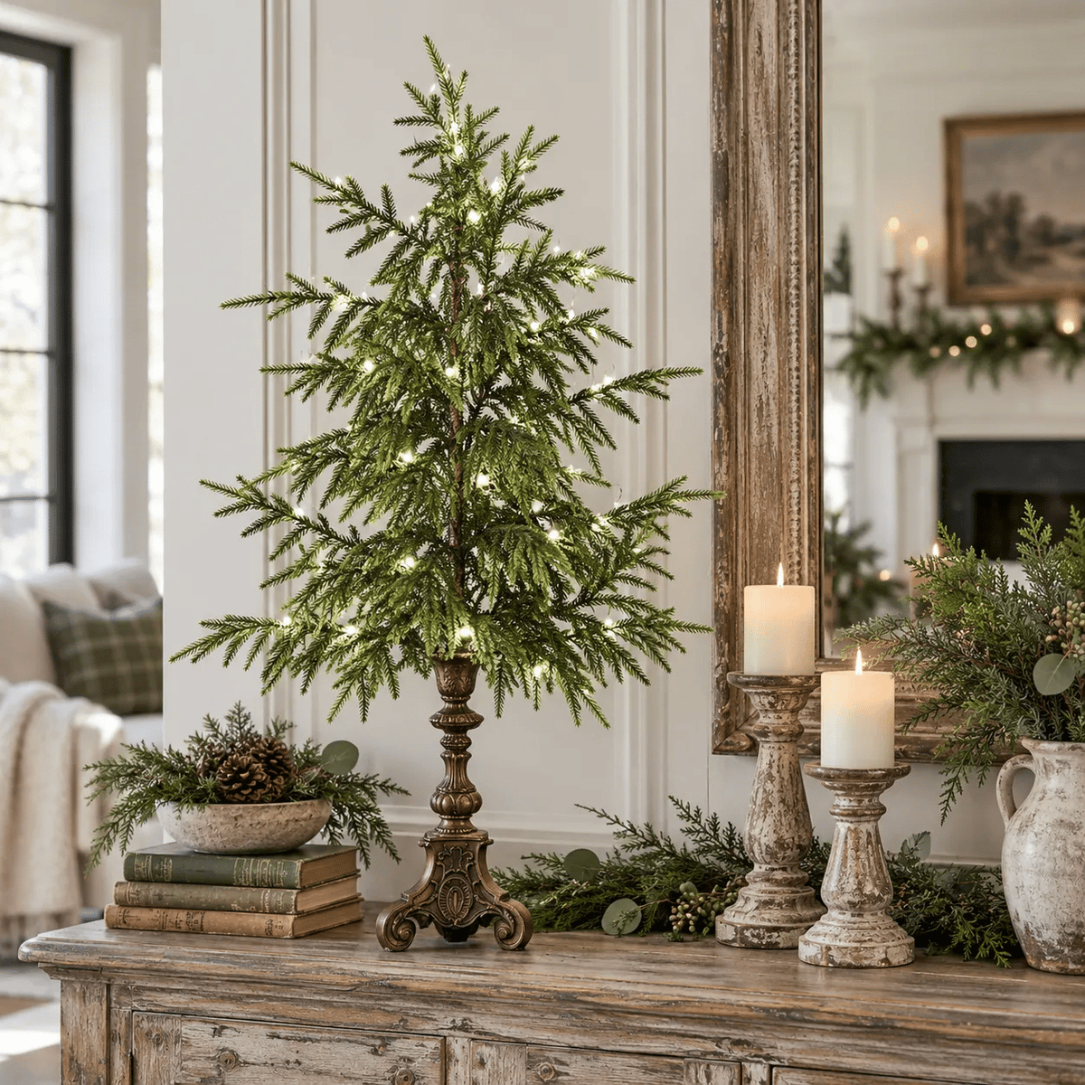 Vintage Lighted Norfolk Pine Trees – Warm White LED Christmas Tabletop Decor, 12″ & 18″