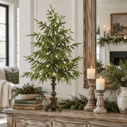Vintage Lighted Norfolk Pine Trees – Warm White LED Christmas Tabletop Decor, 12″ & 18″