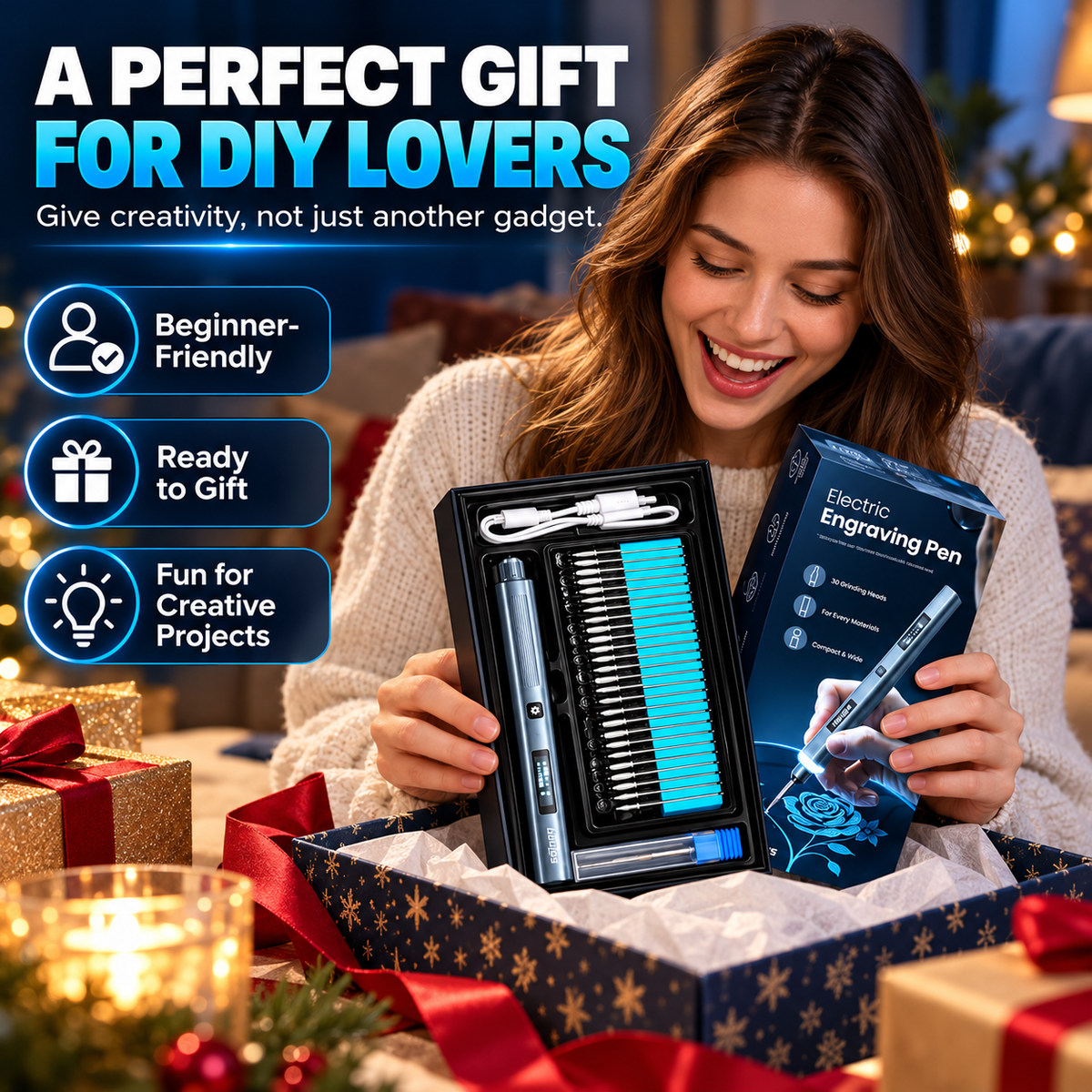 Vanlgs Cordless Engraving Pen Kit – 5-Speed Rechargeable Electric Engraver with LED Light & 30 Engraving Bits for DIY Gifts