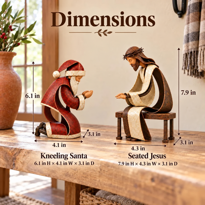 Santa Claus Kneeling Before Jesus Christ Christmas Religious Figurine