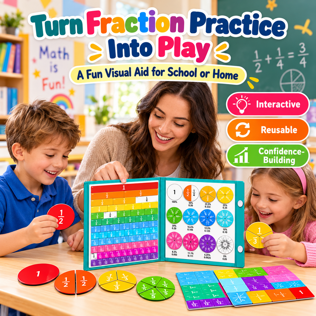 Magnetic Fraction Learning Book for Kids – Hands-On Math Manipulatives with Fraction Bars & Circles, Ages 6+