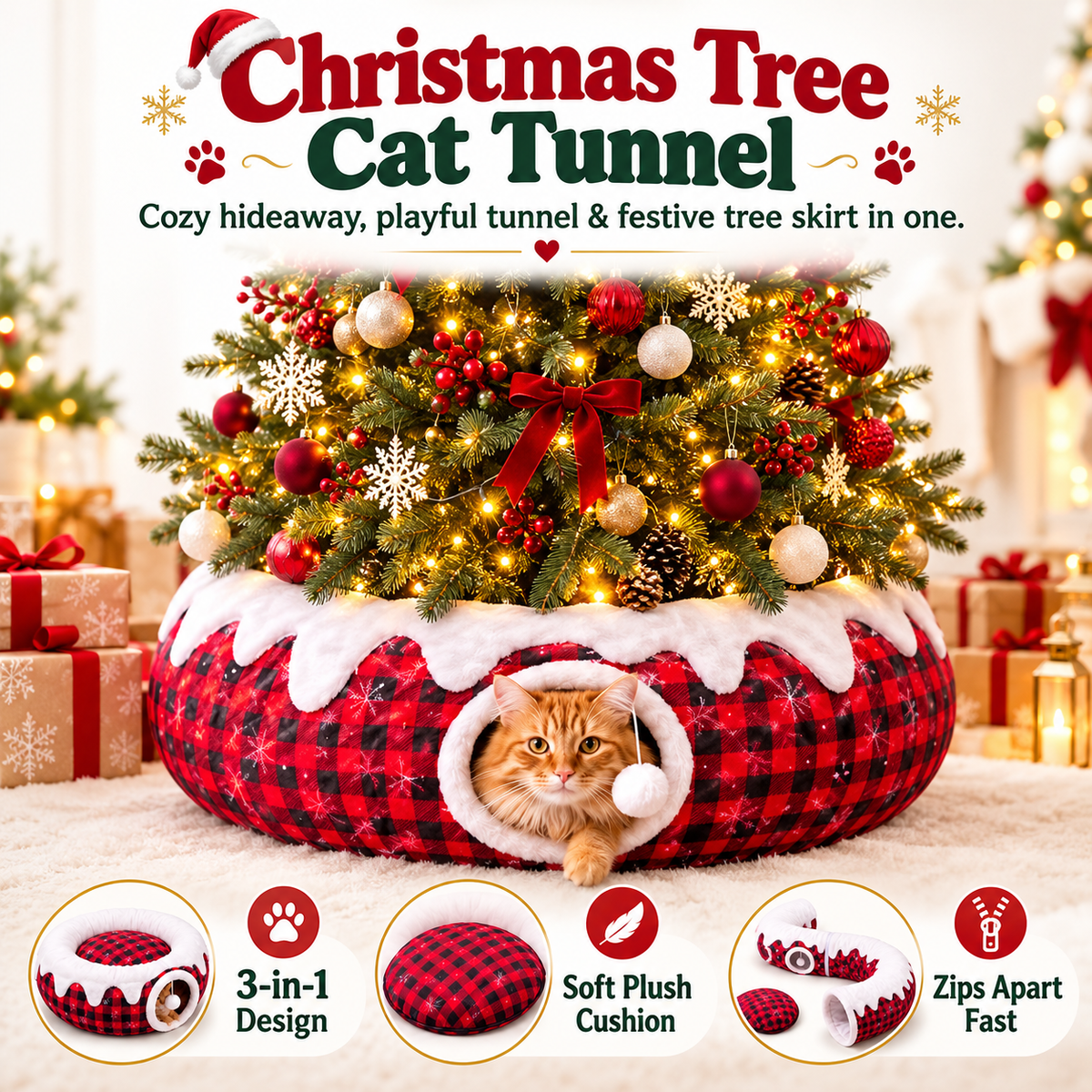3-in-1 Christmas Tree Cat Tunnel Bed – Convertible S-Tunnel & Buffalo Plaid Tree Skirt