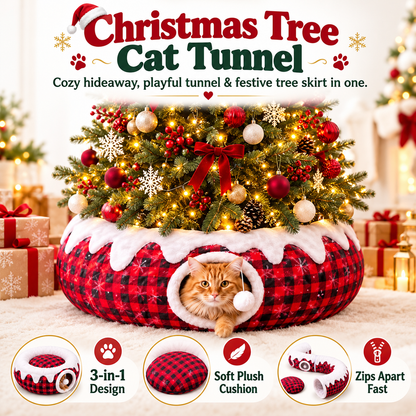 3-in-1 Christmas Tree Cat Tunnel Bed – Convertible S-Tunnel & Buffalo Plaid Tree Skirt