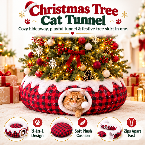 3-in-1 Christmas Tree Cat Tunnel Bed – Convertible S-Tunnel & Buffalo Plaid Tree Skirt