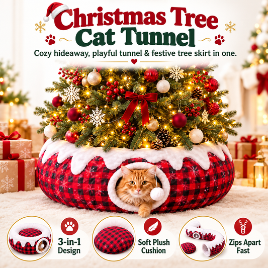 3-in-1 Christmas Tree Cat Tunnel Bed – Convertible S-Tunnel & Buffalo Plaid Tree Skirt