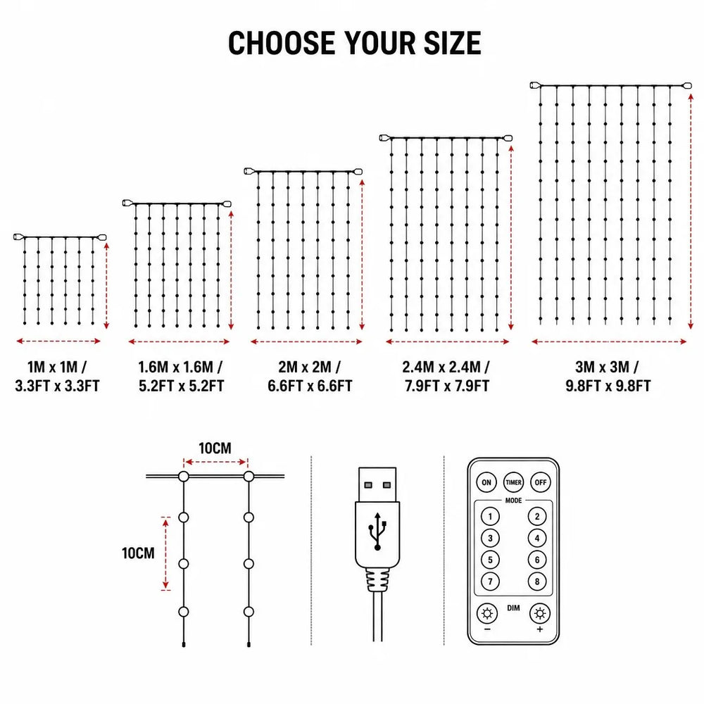 Christmas LED net light dimensions and remote control diagram