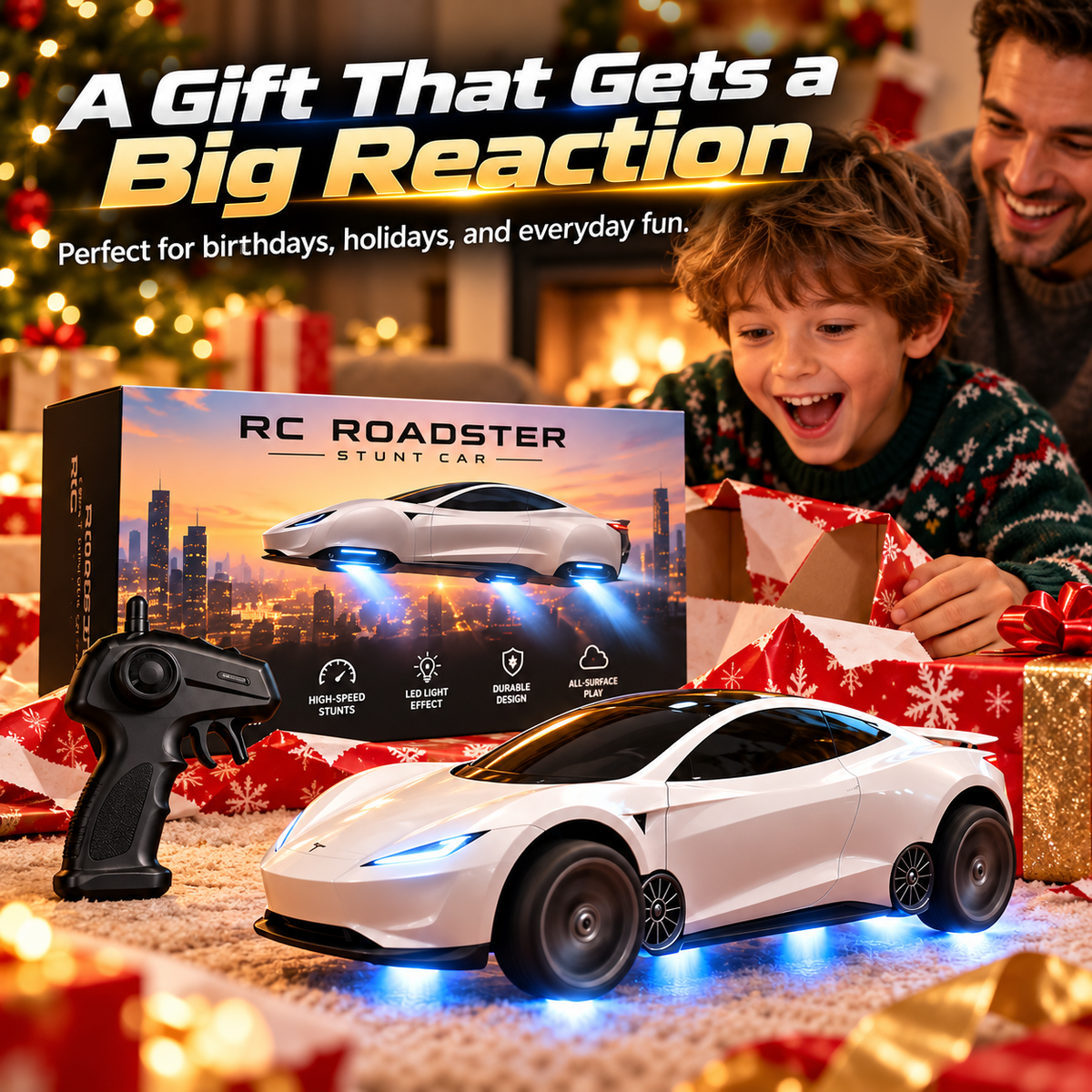 RC Roadster Stunt Car – Remote Control Sports Car with Blue LED Lights, Racing & Stunt Play for Kids