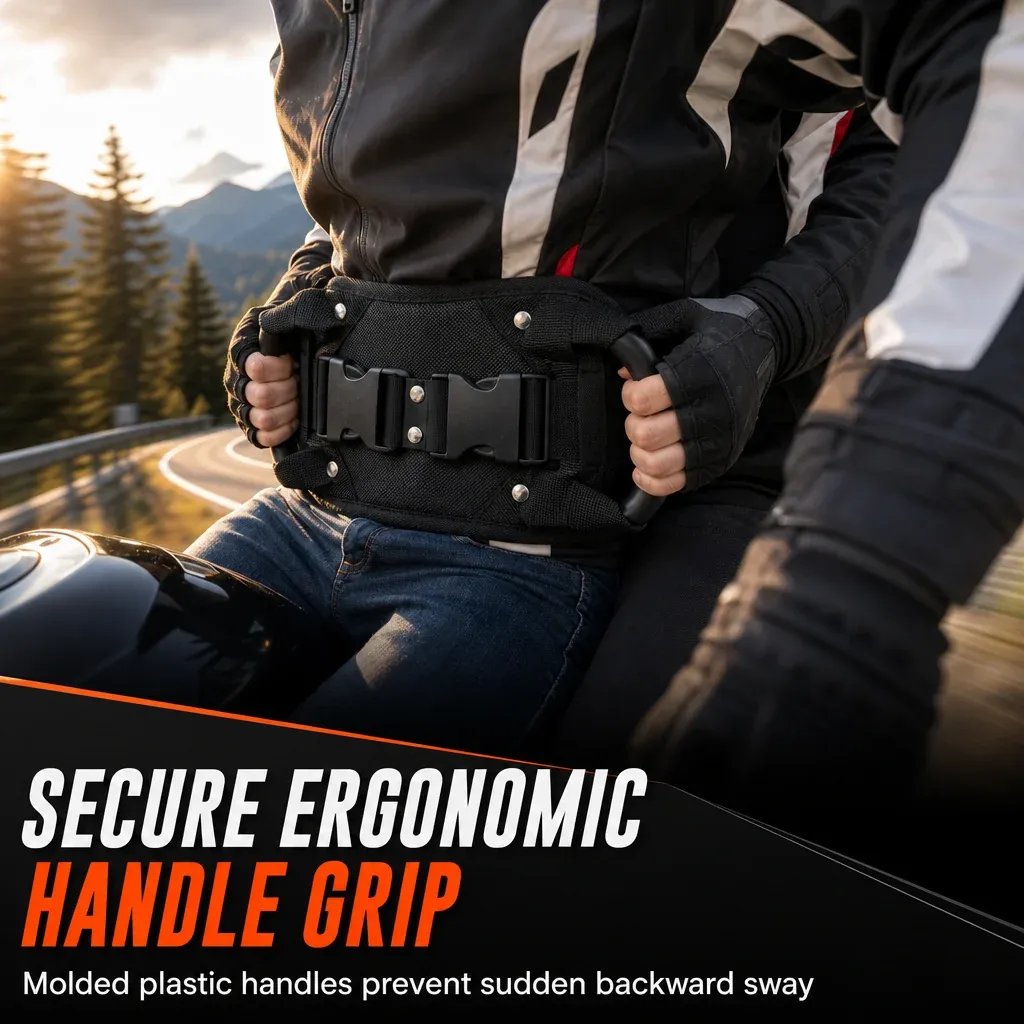 Close-up of motorcycle passenger using the textured grab handles positioned at the rider's waist
