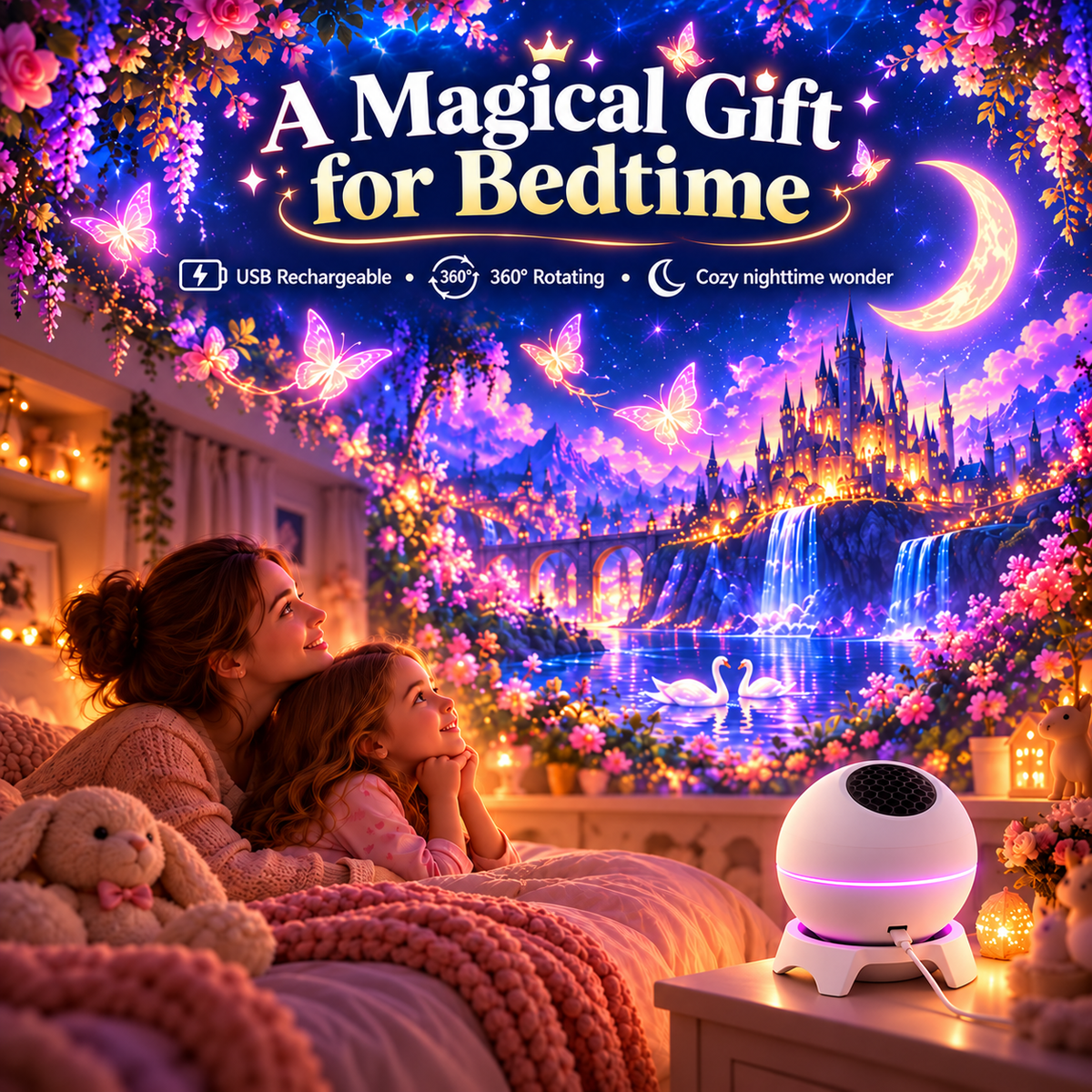 Magical Story Projector Night Light – 360° Rotating Fantasy Room Projector, USB Rechargeable