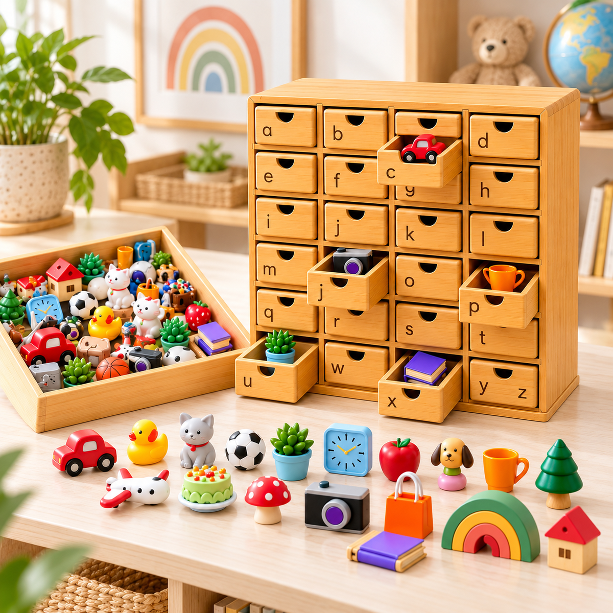Montessori Phonics Cabinet With 120 Miniature Objects