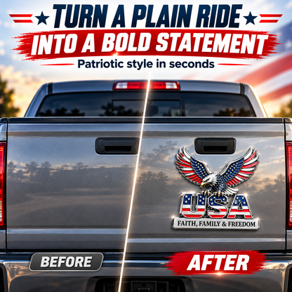 Eagle USA 3D Patriotic Car Decal – American Bald Eagle Metal Sticker, Faith Family & Freedom