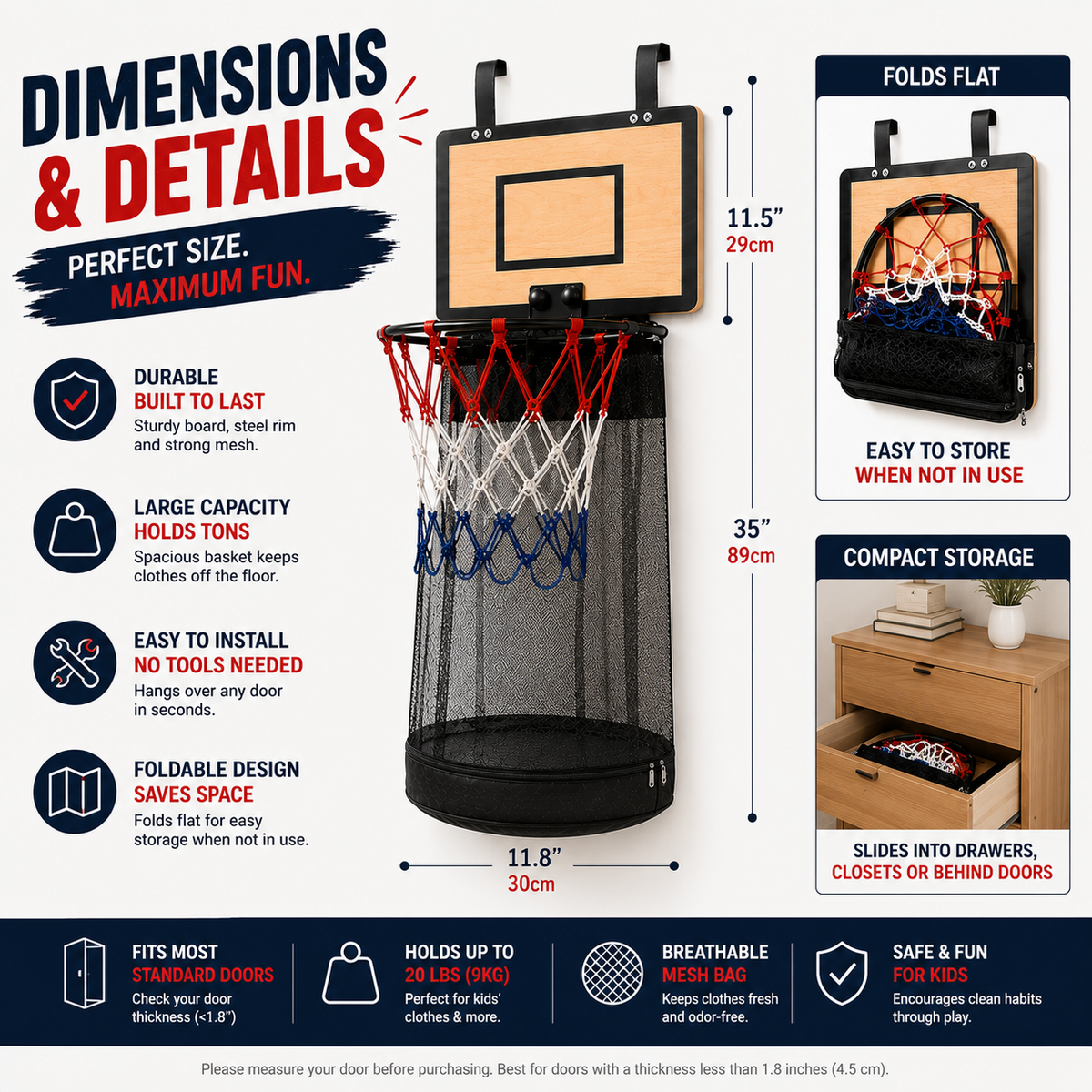 🔥Last Day 50% OFF-Over-the-Door Basketball Hoop Laundry Hamper – Fun Hanging Clothes Basket with Easy-Empty Zipper