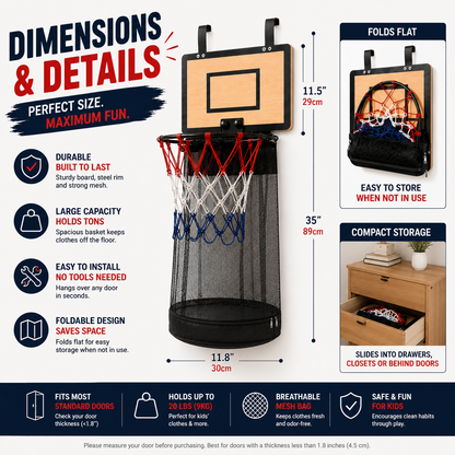 🔥Last Day 50% OFF-Over-the-Door Basketball Hoop Laundry Hamper – Fun Hanging Clothes Basket with Easy-Empty Zipper